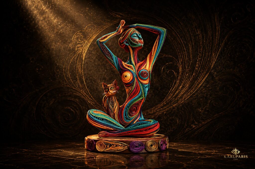 Abstract Meditation Goddess With Cat Colorful Spiritual Art Sculpture Second Life
