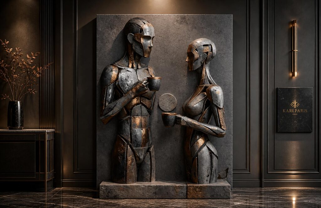 Abstract Robot Couple Metallic Coffee Sculpture Second Life
