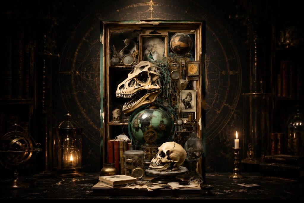 Curiosity Cabinet Dinosaur Skull Gothic Vintage Curio Display Sculpture Second Life