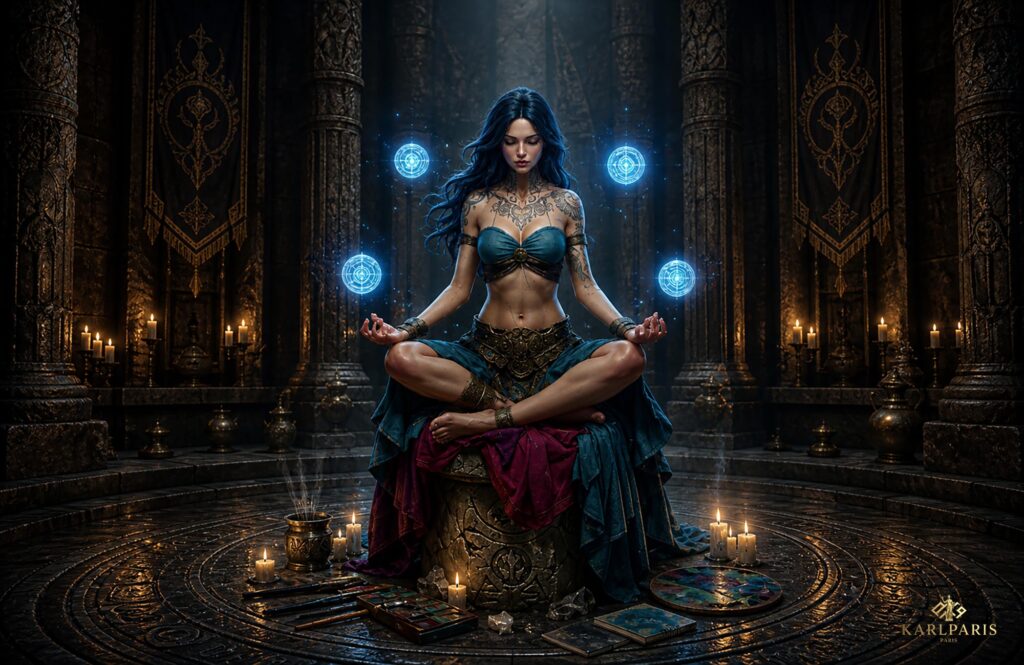 Meditating Mystic Woman Floating Energy Orbs Fantasy Sculpture Second Life