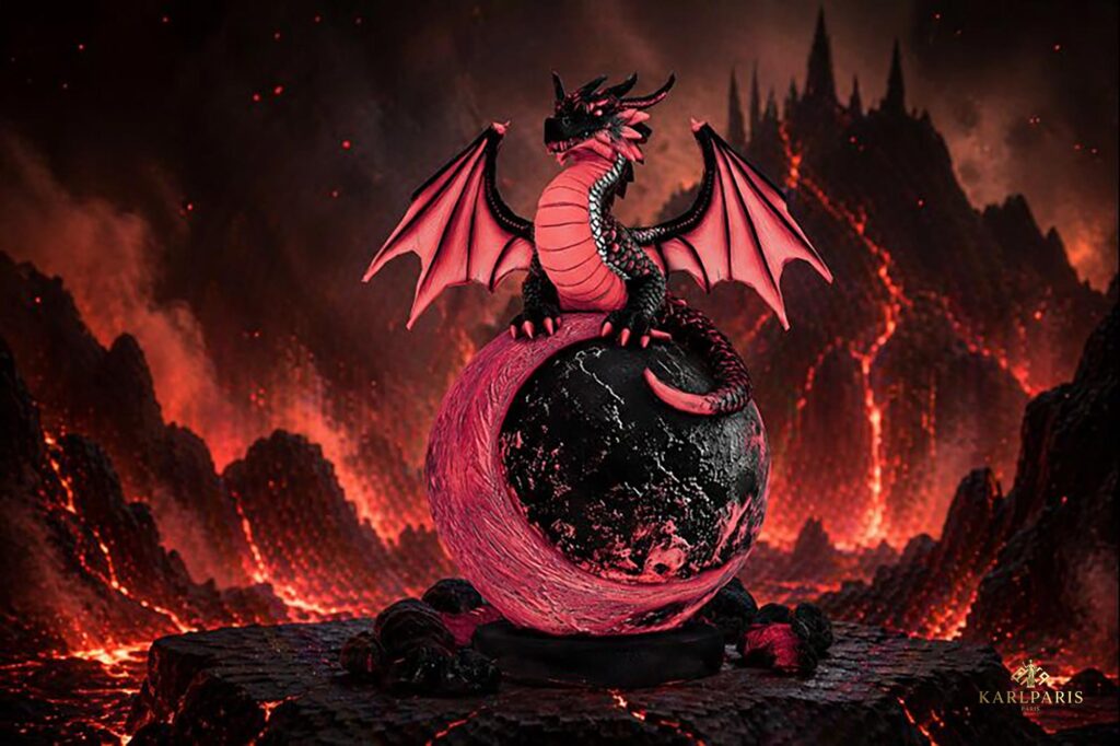 Stylized Red Dragon Orb Fantasy Creature Sculpture Second Life