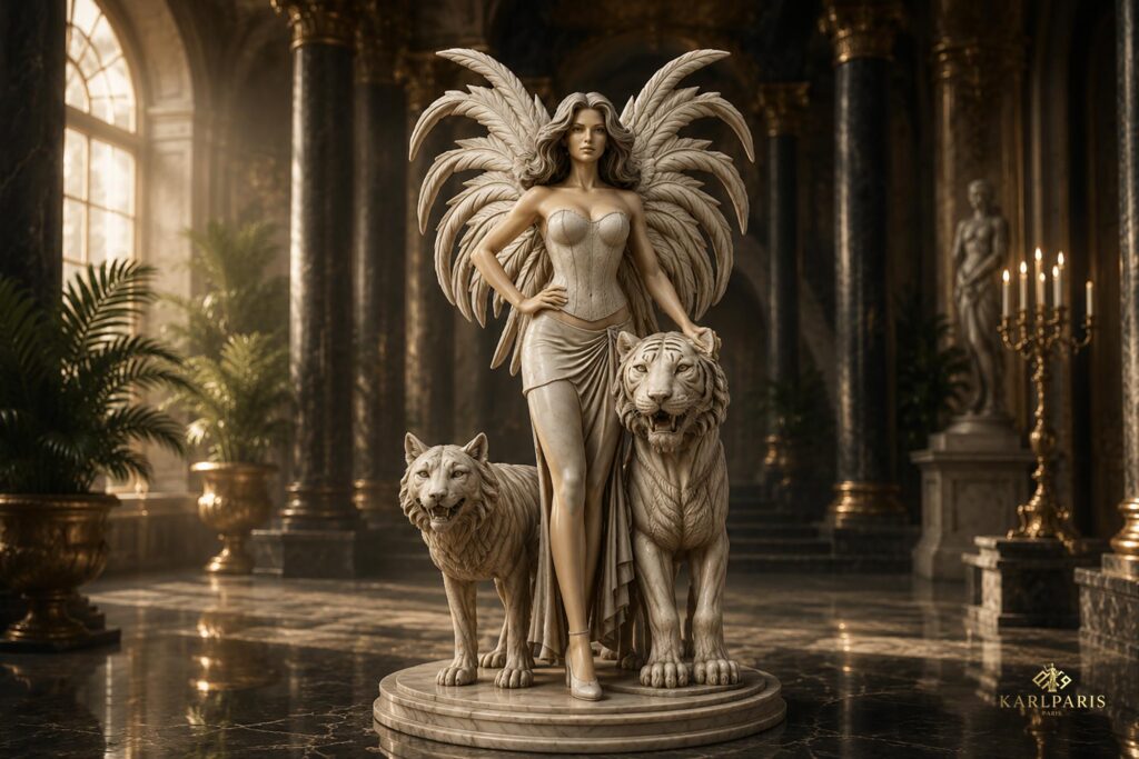 Celestial Guardian Angelic Lady With Twin White Lions Statue Second Life