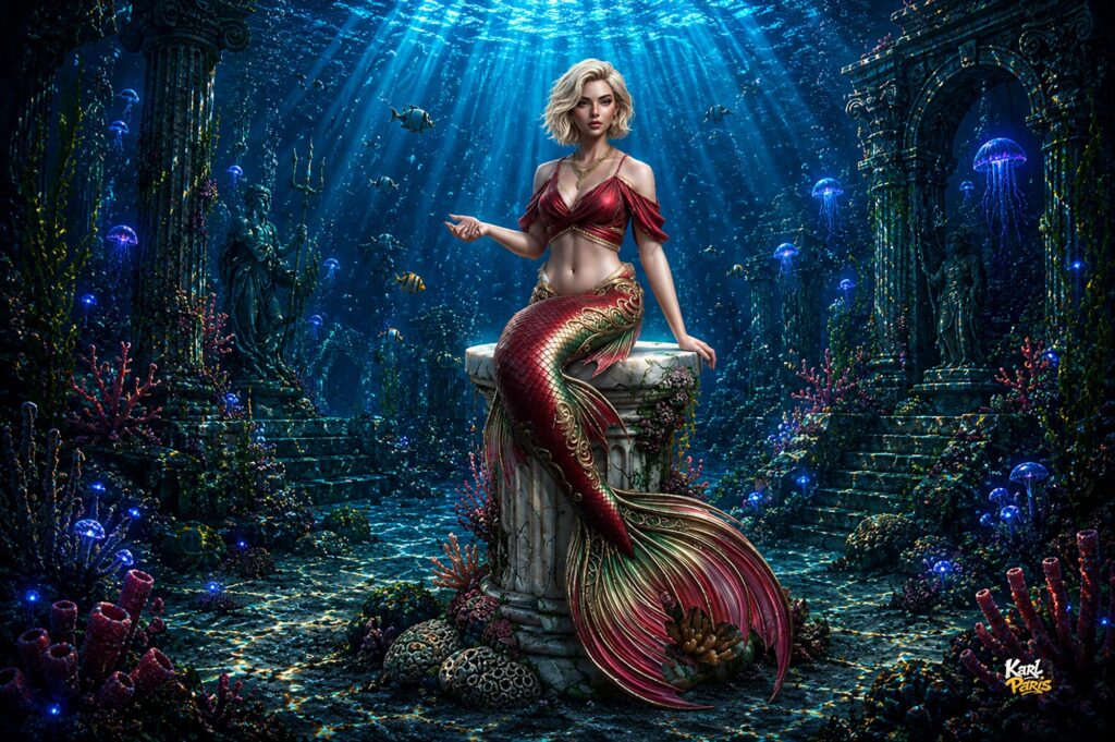 Crimson Royal Mermaid Enchanted Ocean Elegance Sculpture Second Life
