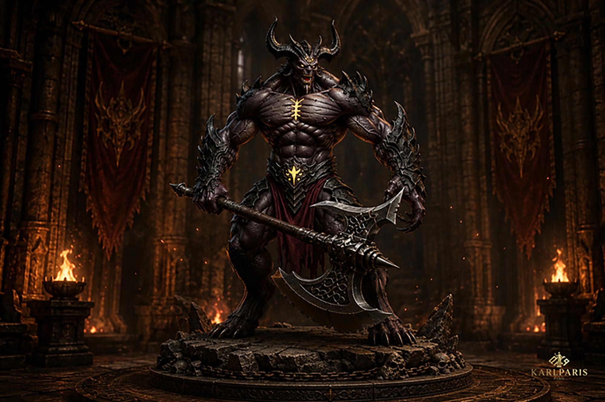 Demonic Warrior With Battle Axe Dark Fantasy Hell Beast Statue Artwork Second Life