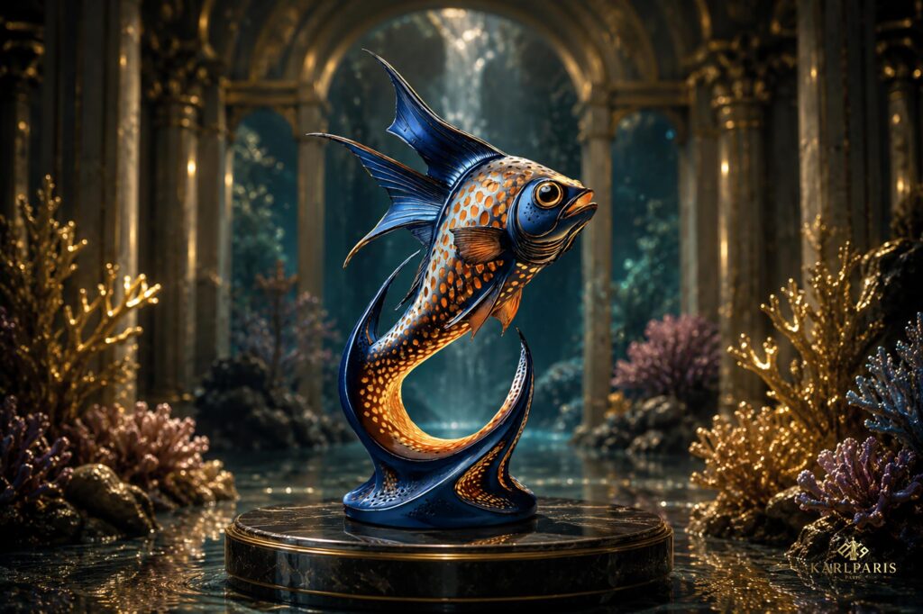 Elegant Blue Gold Fish Sculpture Decorative Ocean Statue Second Life