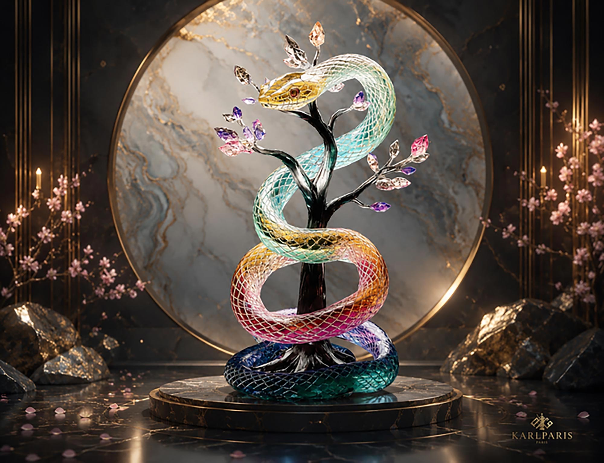 Rainbow Crystal Serpent On Mystic Tree Fantasy Snake And Gemstone Sculpture Artwork 1 Second Life