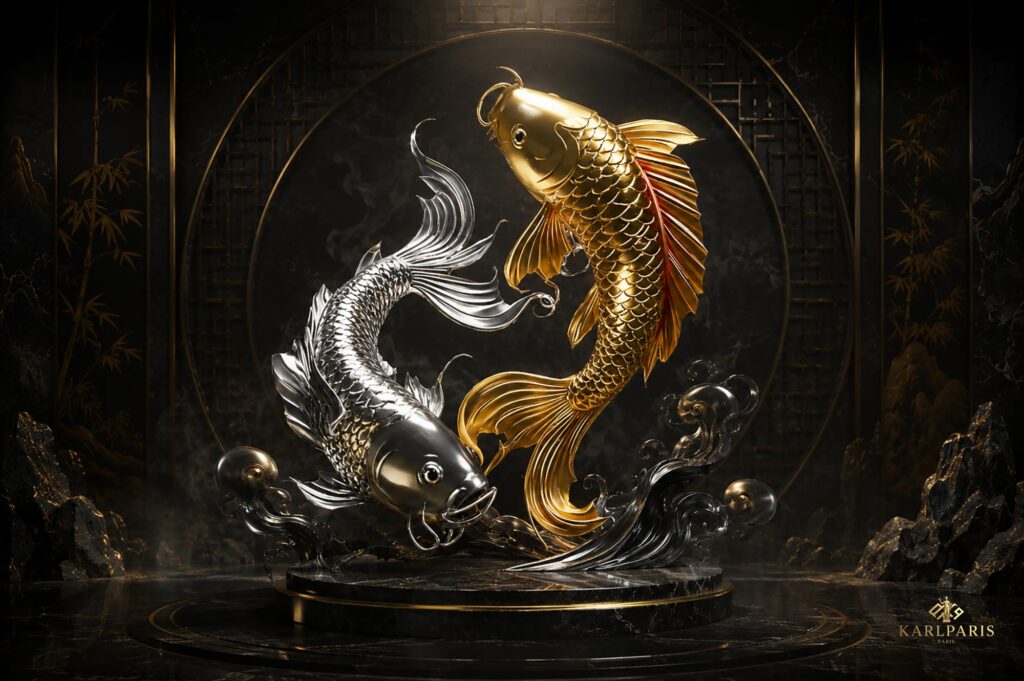 Twin Koi Harmony Golden And Silver Prosperity Fish Sculpture Second Life