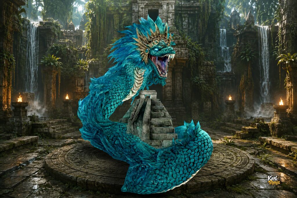 Azure Feathered Serpent Ancient Temple Guardian Statue Second Life