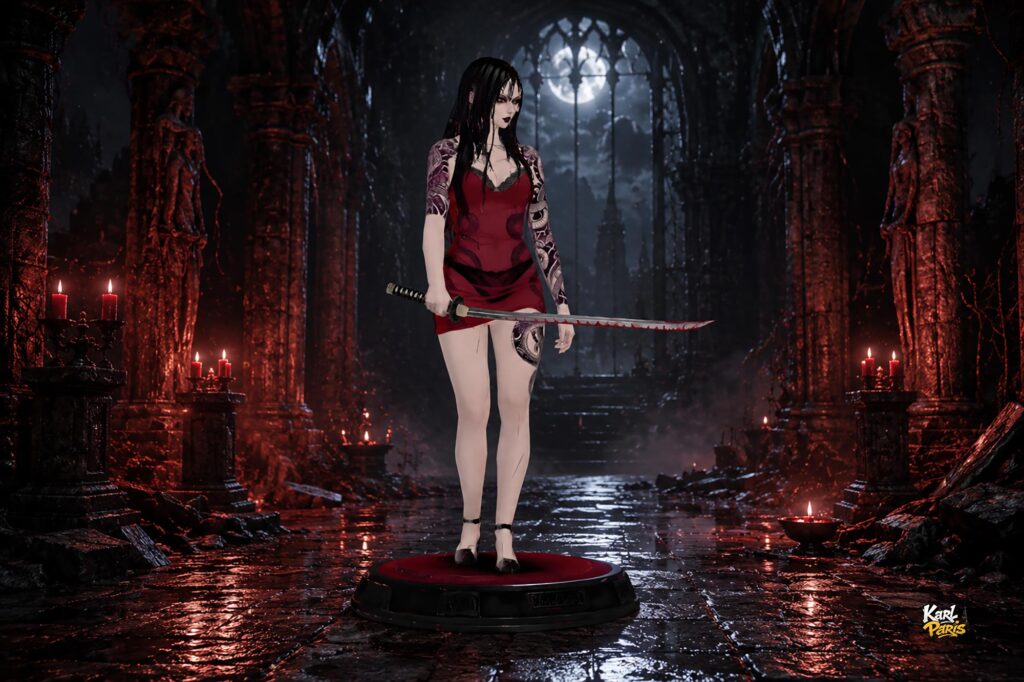 Crimson Blade Tattooed Samurai Girl Statue Second Life