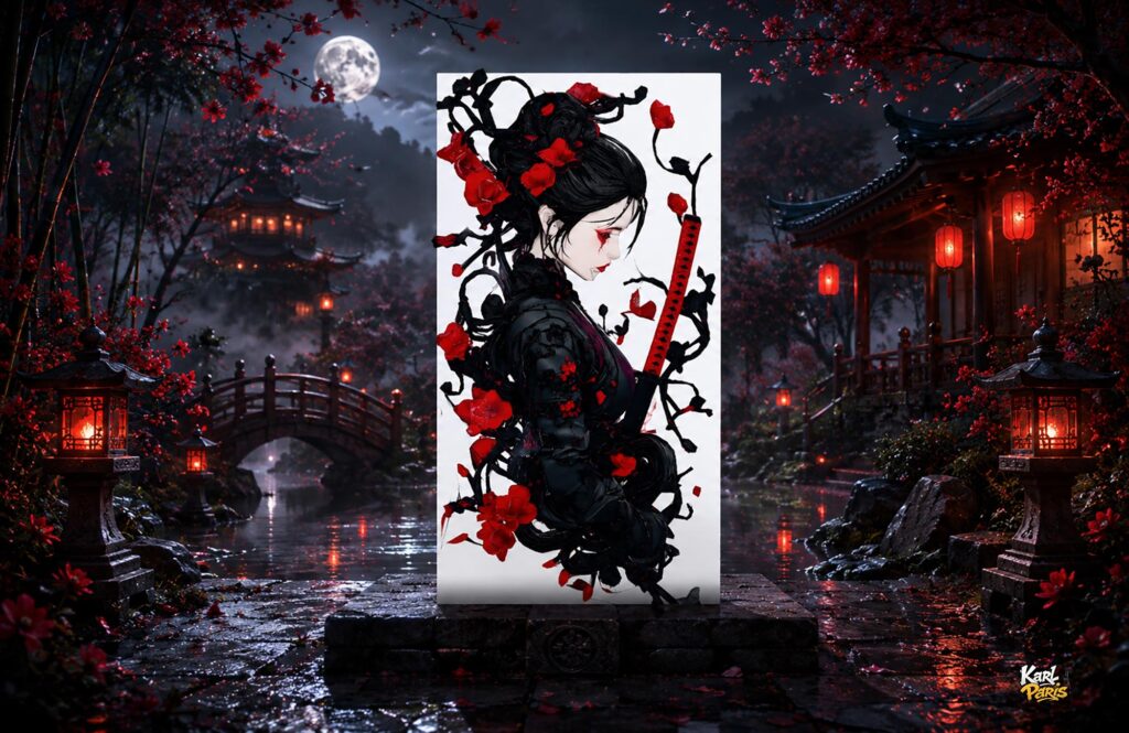 Crimson Blossom Gothic Samurai Maiden Wall Art Second Life