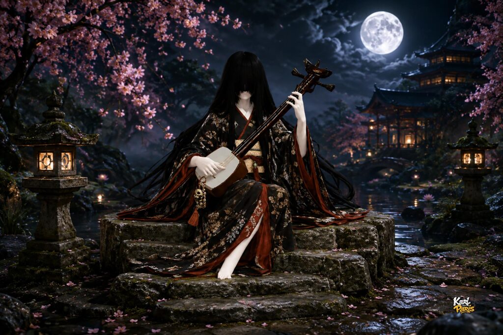 Faceless Yokai Musician Haunted Shamisen Spirit Statue Second Life
