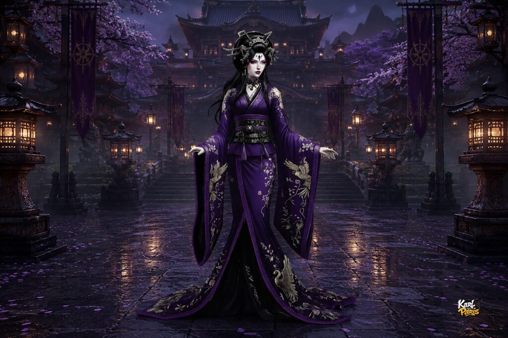 Imperial Yokai Empress Enchanted Violet Kimono Statue Second Life