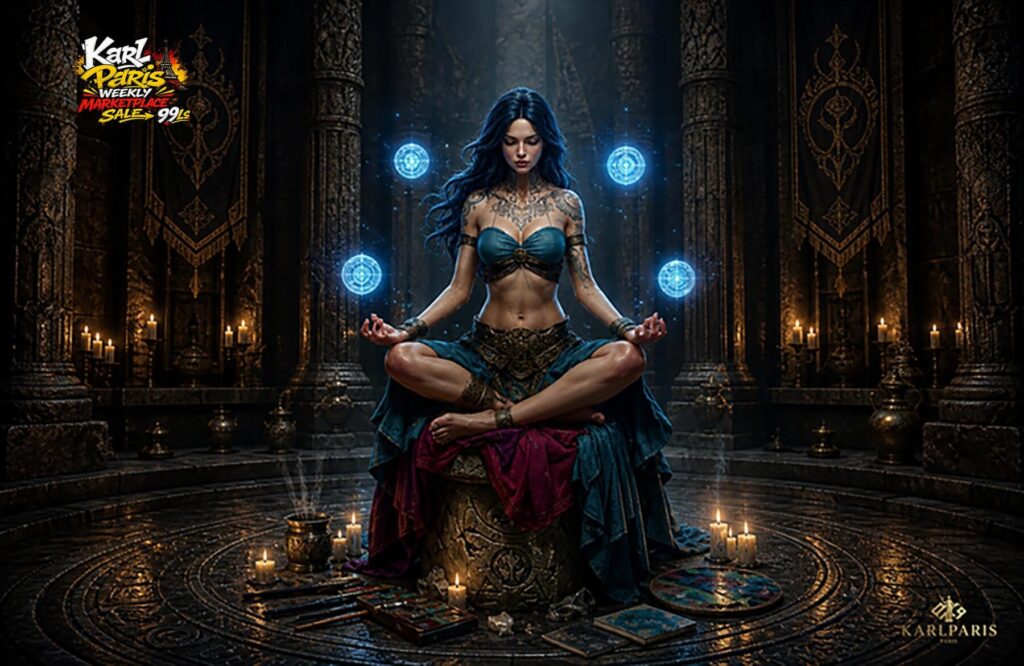 Meditating Mystic Woman Floating Energy Orbs Fantasy Sculpture Second Life