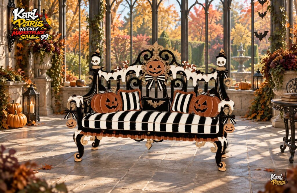 Karlparis Pumpkin Parlor Bench Halloween Striped Sofa 32 Bento Animations Second Life