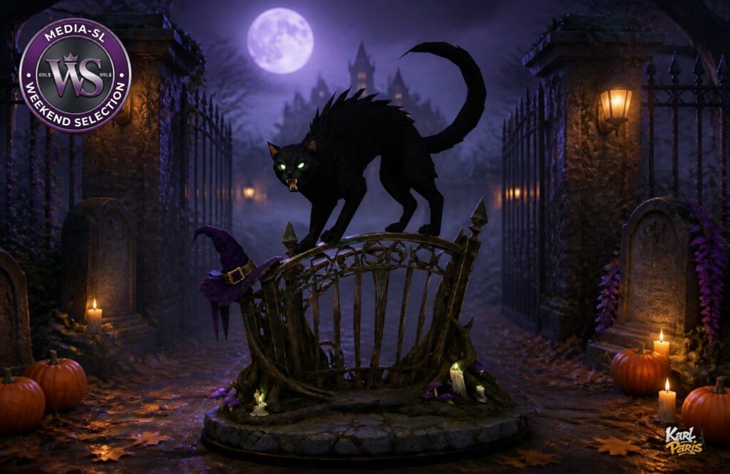 Midnight Gate Guardian Halloween Cat Statue 1 Second Life