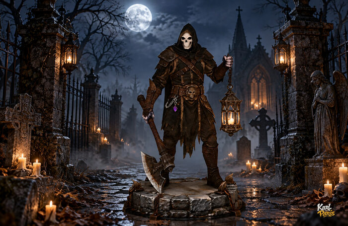 Skeleton Reaper Statue Halloween Lantern Decor (1) Second Life