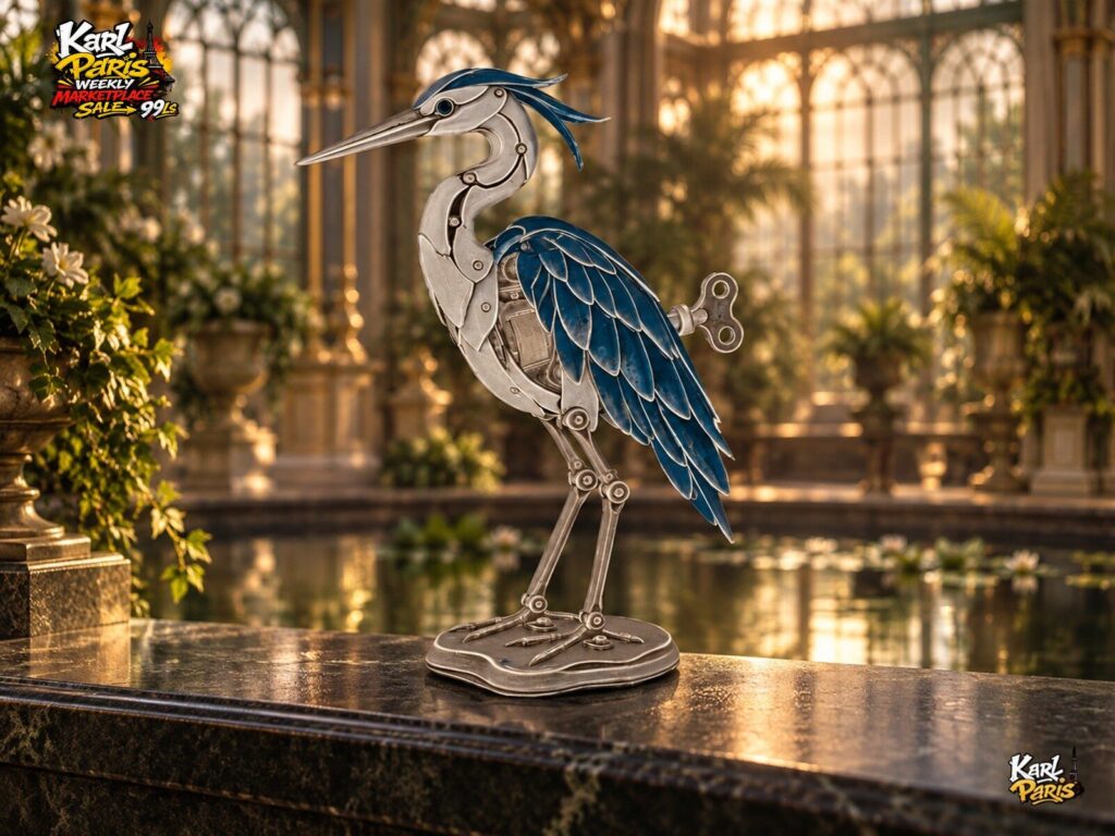 Karlparis Clockwork Heron Blue And Silver Mechanical Bird Sculpture Second Life