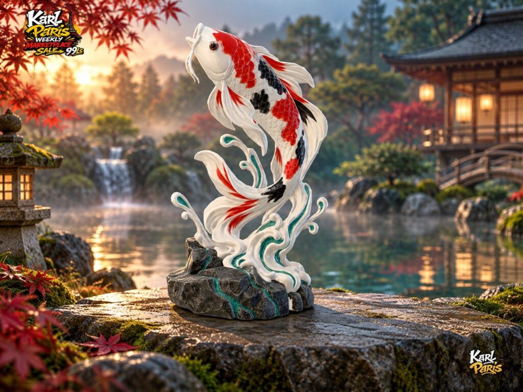 Karlparis Crimson Koi Ascent Japanese Fish And Waves Sculpture Second Life