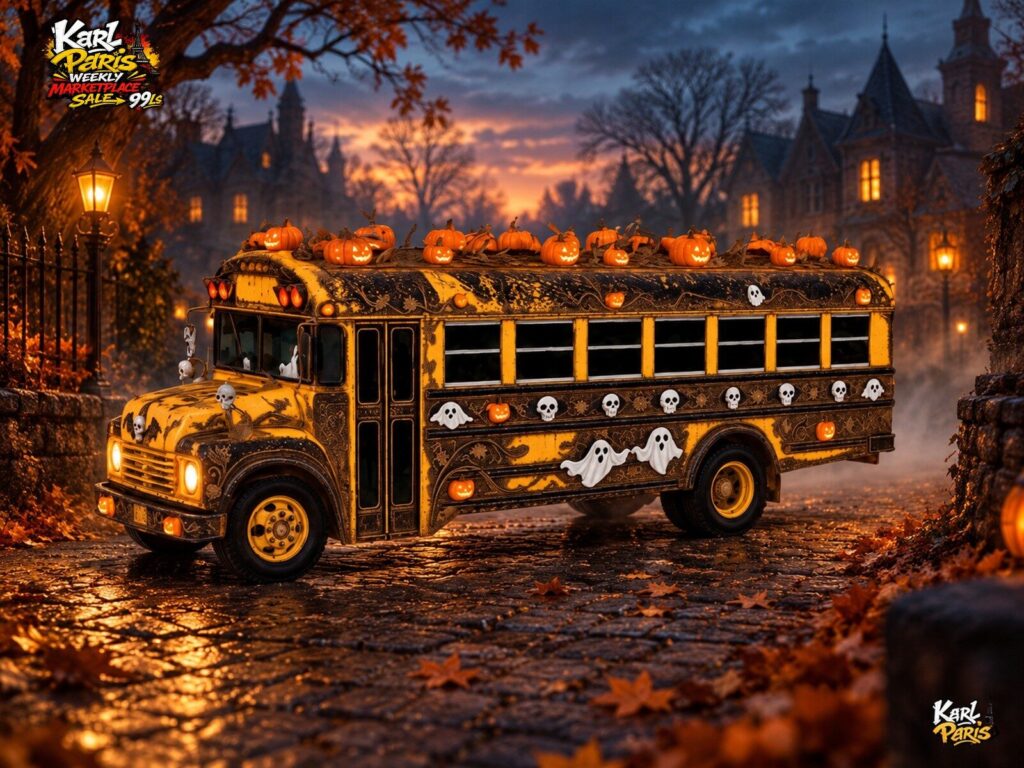 Karlparis Haunted Halloween Bus Pumpkin Ghost School Bus Decor Second Life