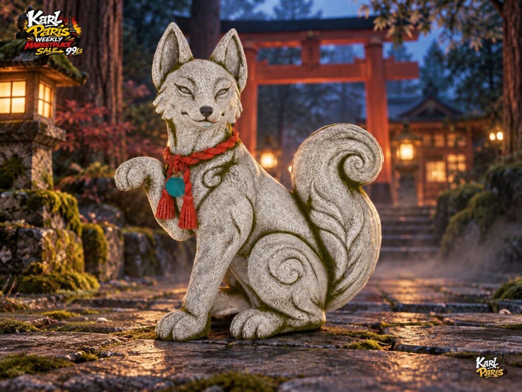 Karlparis Kitsune Shrine Guardian Mossy Japanese Fox Statue Second Life