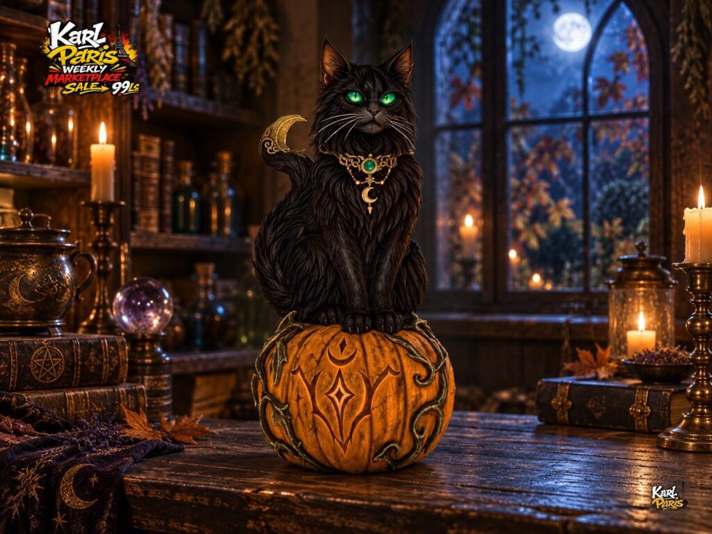 Karlparis Moonlit Familiar Black Cat And Pumpkin Halloween Statue Second Life
