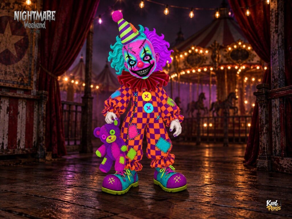Karlparis Patchwork Giggles Neon Clown And Teddy Halloween Statue Second Life