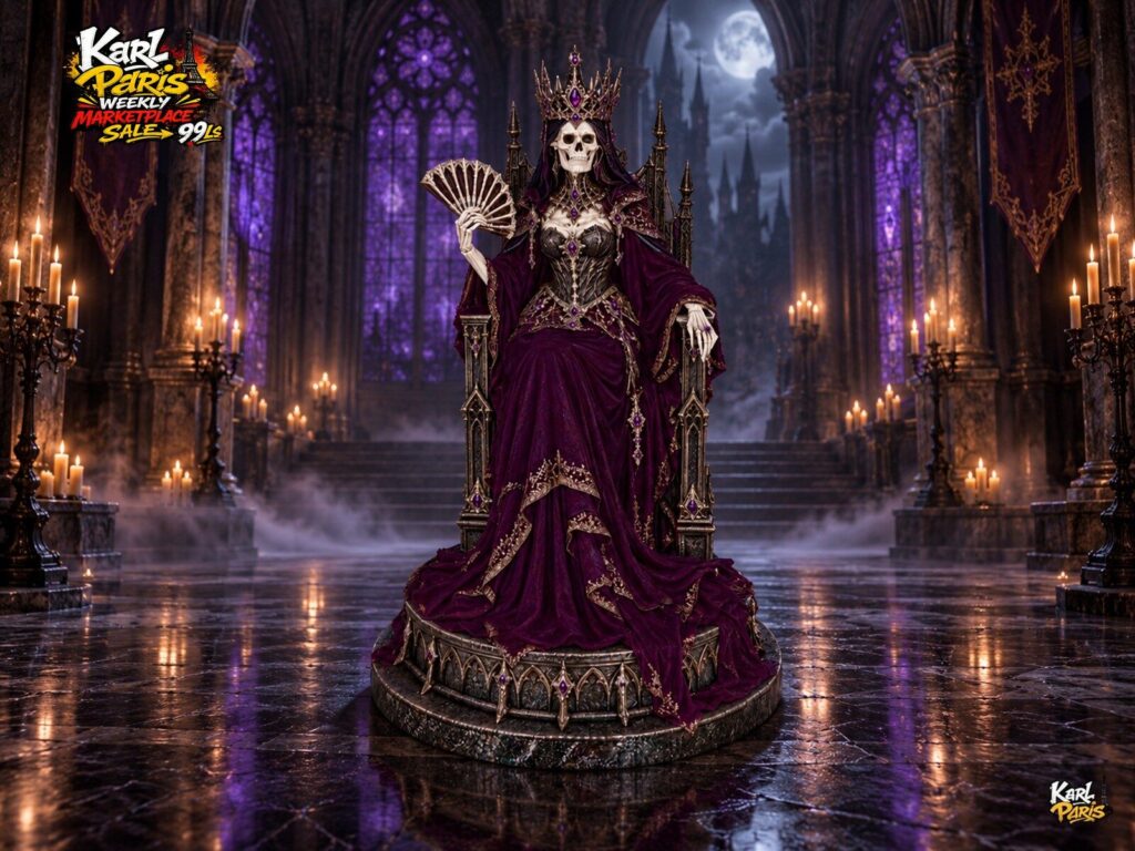 Karlparis The Amethyst Bone Queen Skeleton Throne Gothic Halloween Decorative Statue Second Life