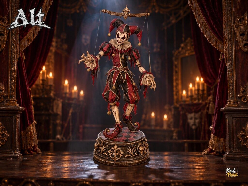 Karlparis The Crimson Marionette Gothic Jester Puppet Halloween Statue Second Life